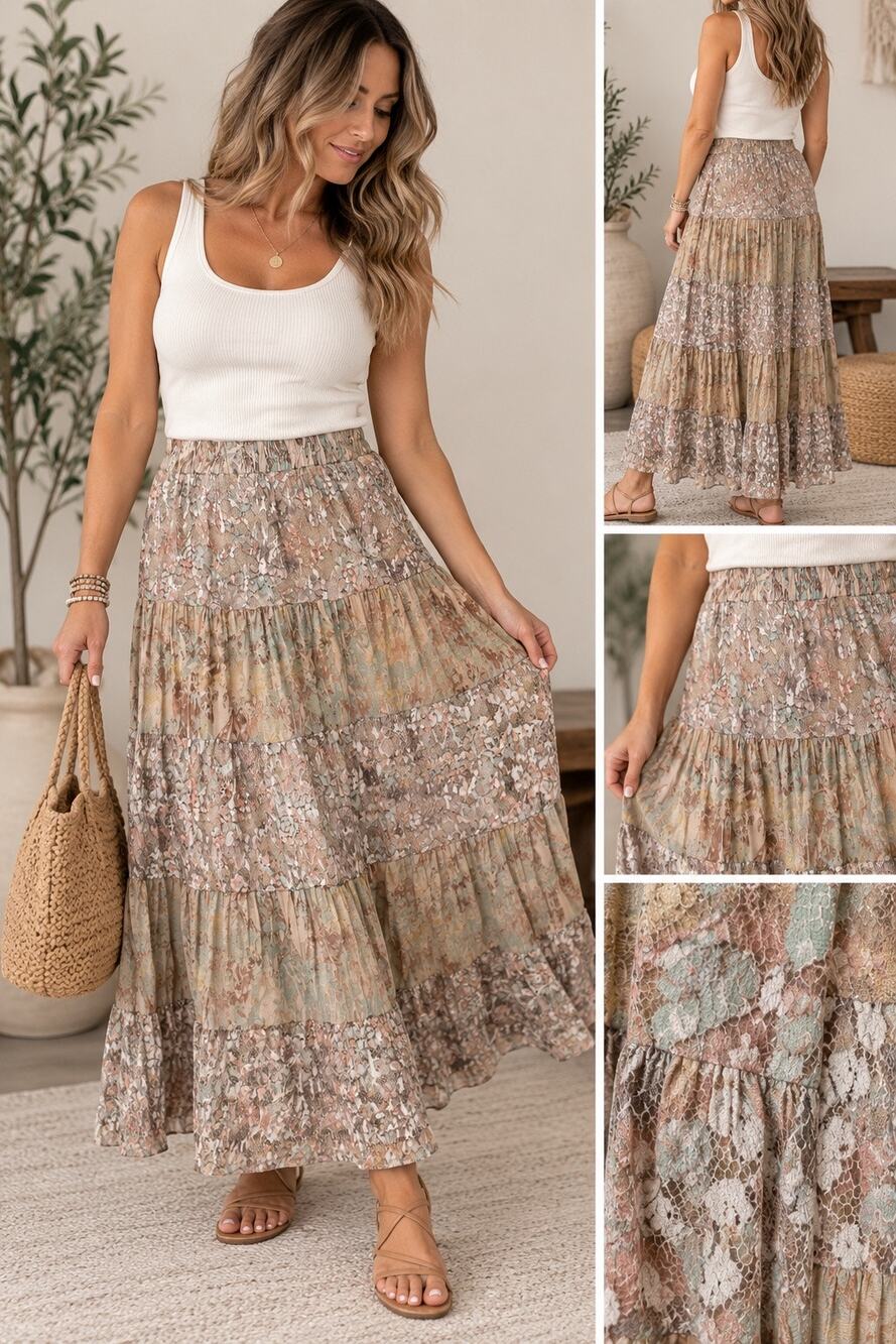 Krazy Kat Women’s XL Boho Floral Lace Tiered Midi Maxi Skirt Elastic Waist